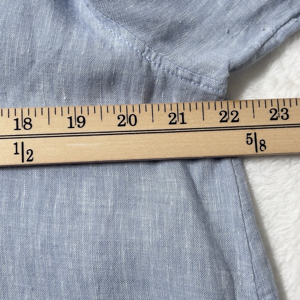 Tahari 100% Linen Tunic Shirt Womens Sz L Blue Roll Tab Sleeves Relaxed - Picture 10 of 12